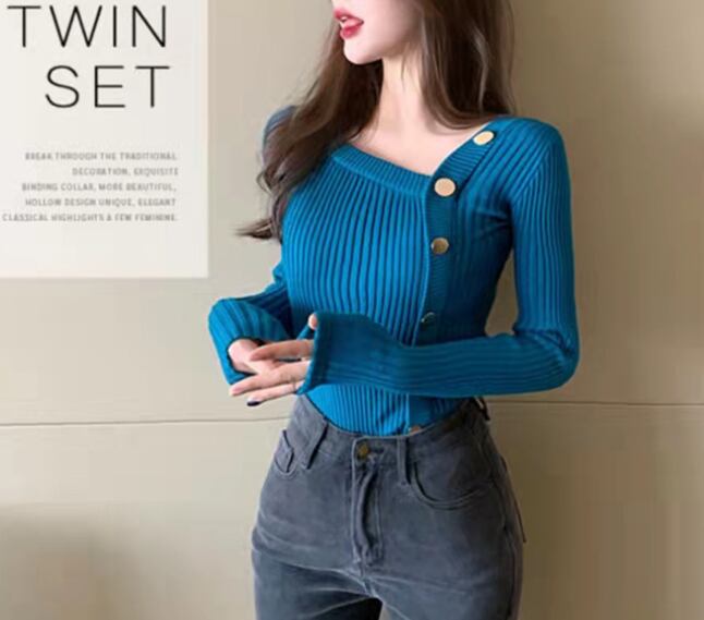 【tops】長袖ファッション韓国風フェミニン斜めネックニットセーターW0352