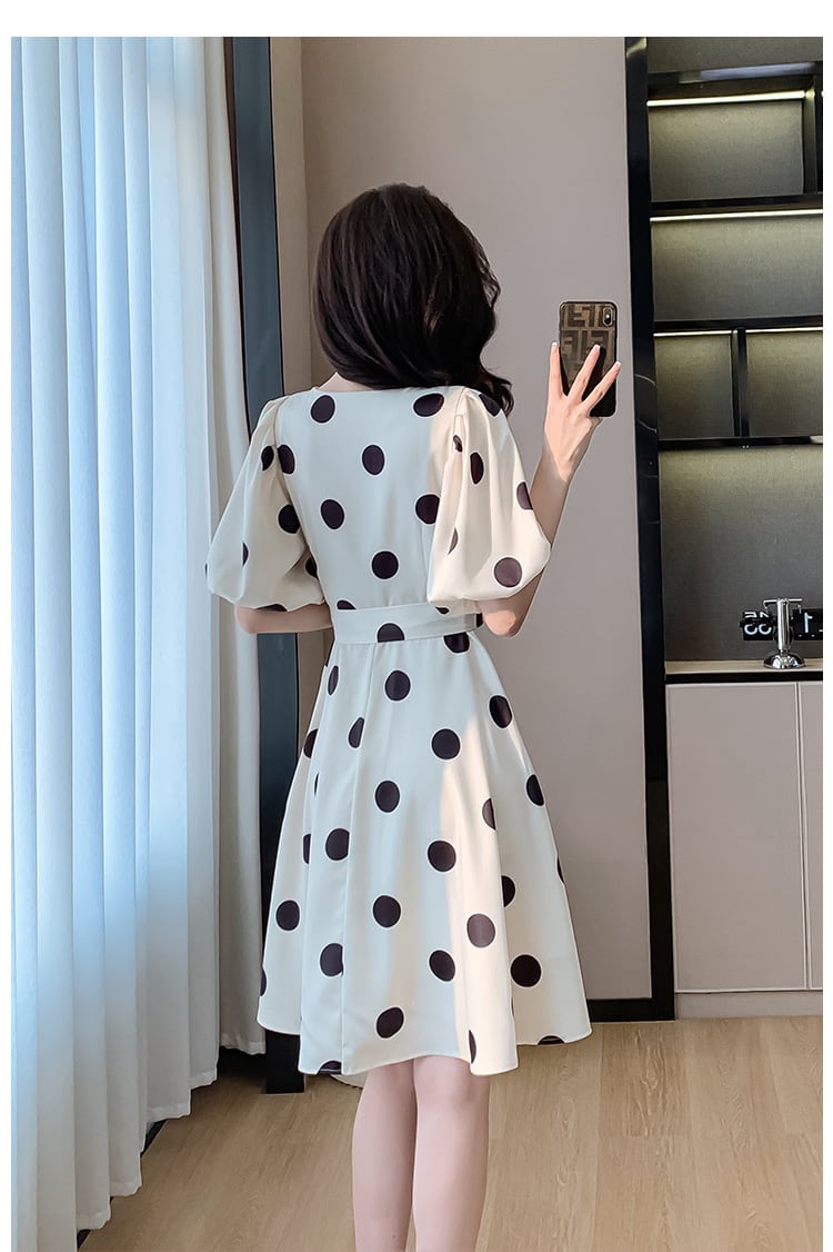 【dress】Vネックパフスリーブドット柄ワンピース G21499