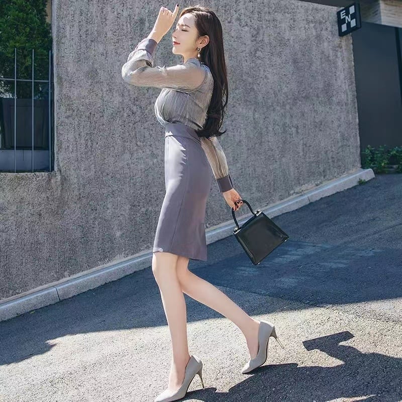 【dress】細身効果抜群♪OL通勤Vネック長袖韓国ファッション体型カバー配色デートワンピースF1758