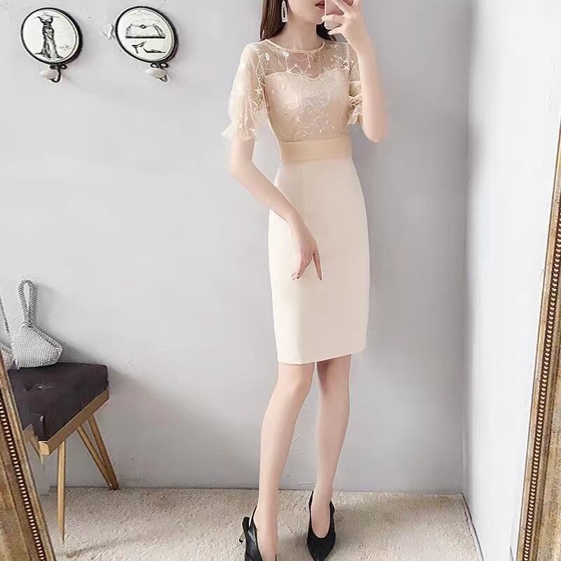 【dress】気質溢れる♪エレガントOL通勤ラウンドネックラッパ袖レース切り替えデートワンピースF2026