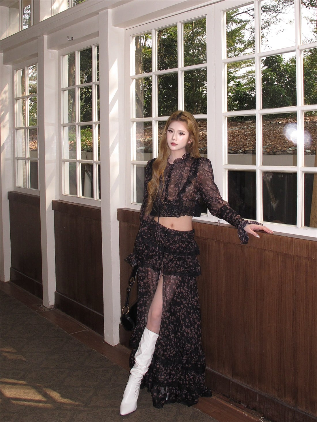 【set】フラワー柄シフォントップス×ティアードスカートセット Q8496