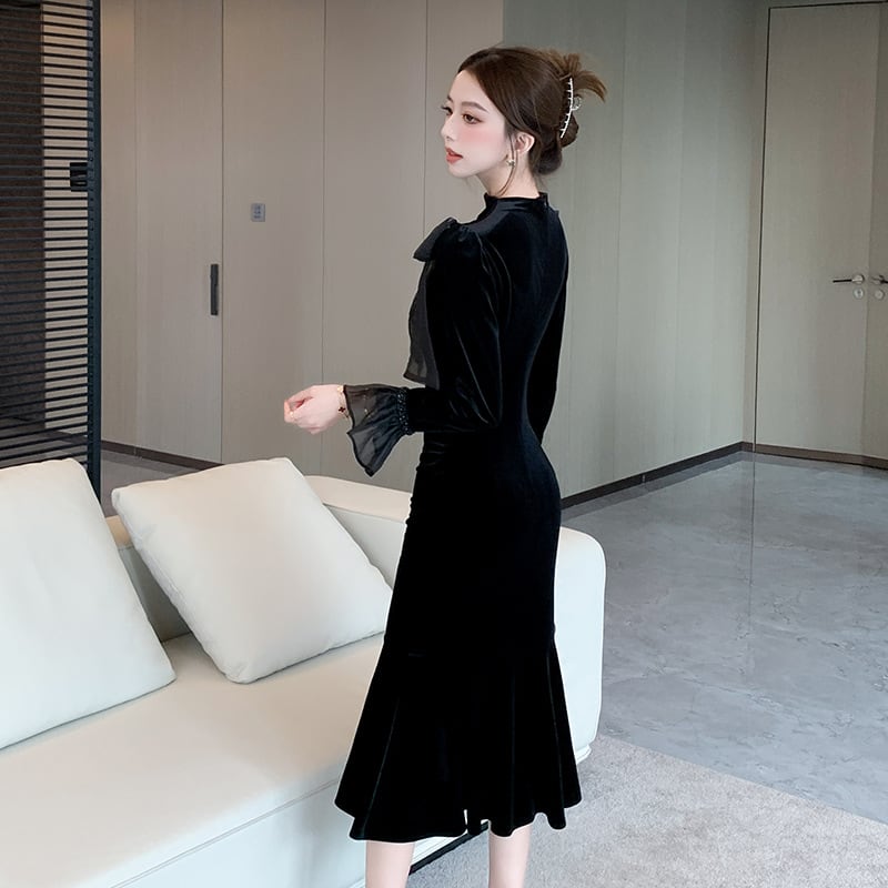 【dress】リボン付きベルベットワンピース Q7513