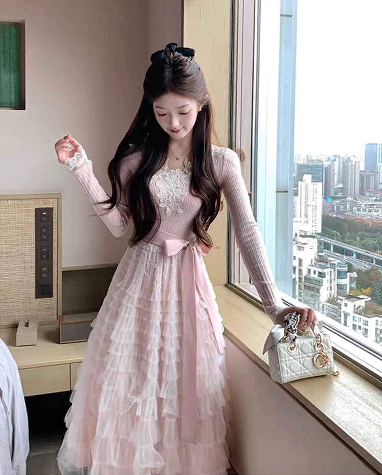 【dress】レース付きニットドッキングチュールワンピース Q7646