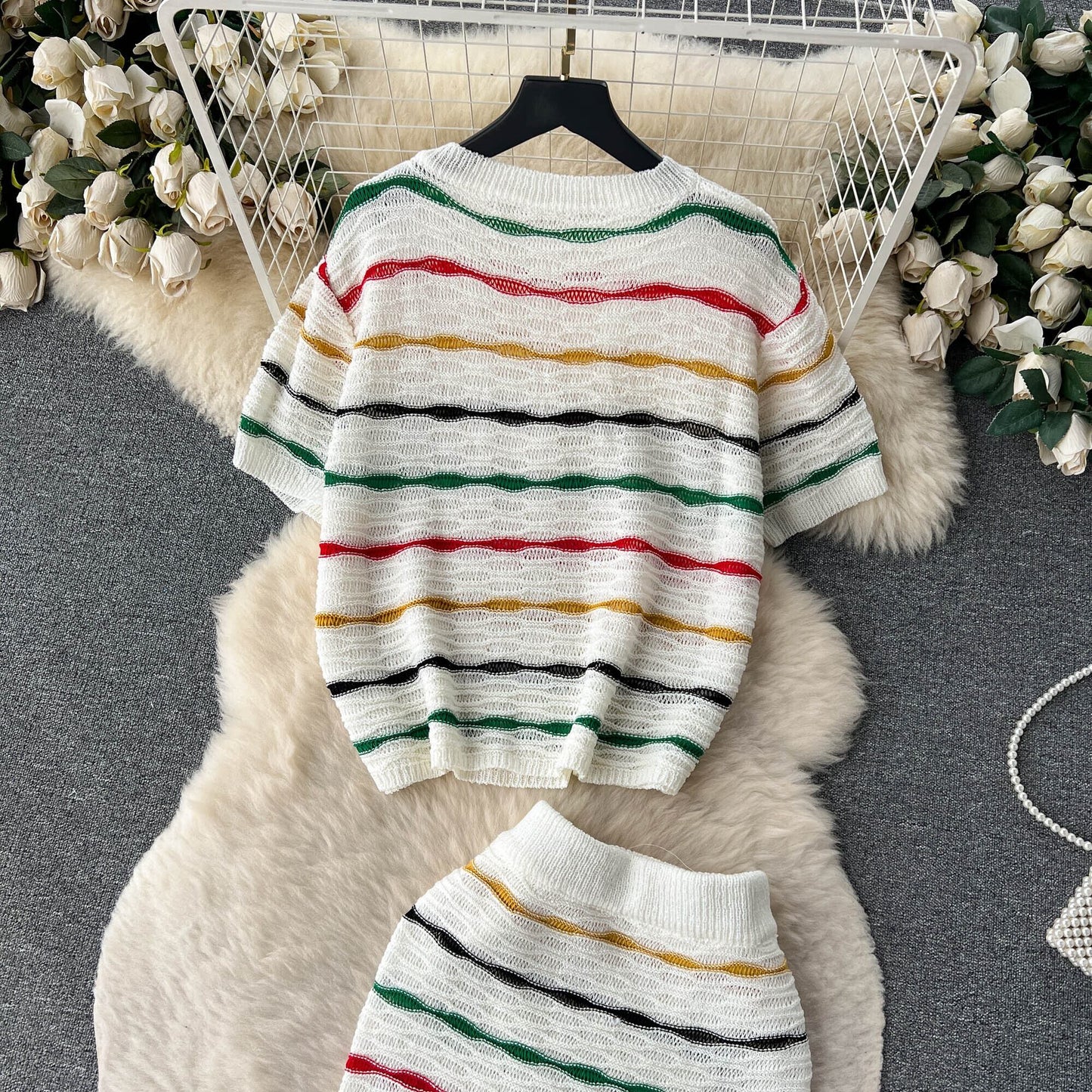 【set】ストライプ柄ニットトップス+スカート２点セットG20661