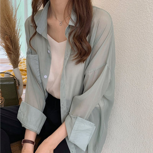 【tops】流行アイテム！折り襟紫外線対策日焼け対策シンプル長袖無地ゆったり着回しシャツF0093