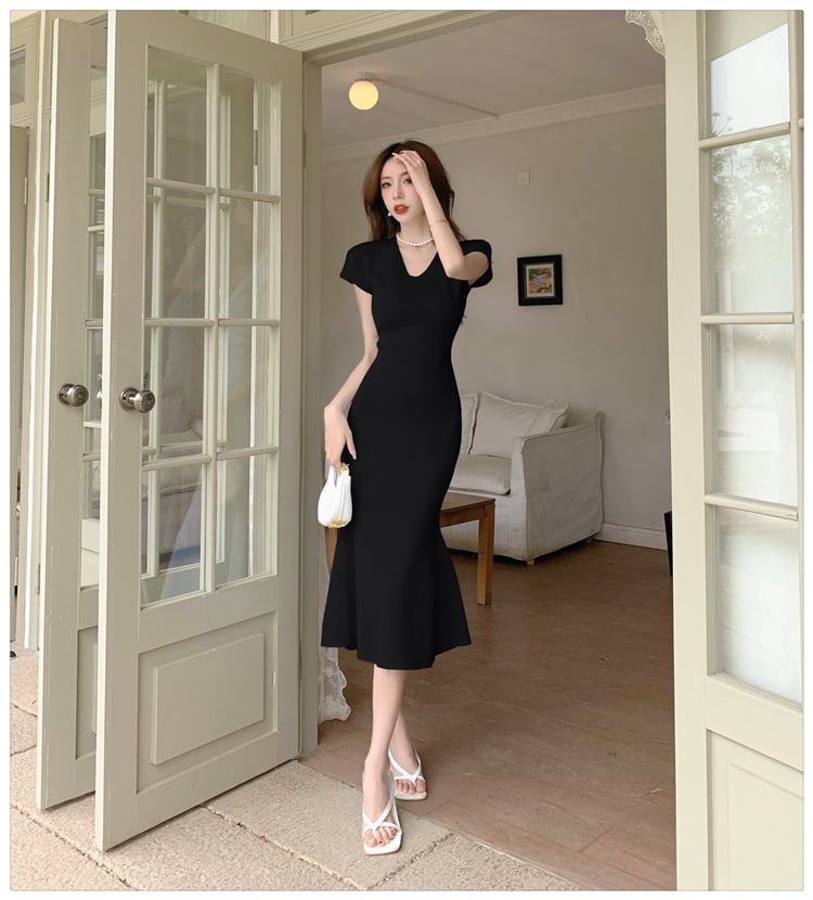 【dress】VネックマーメイドニットワンピースF7441