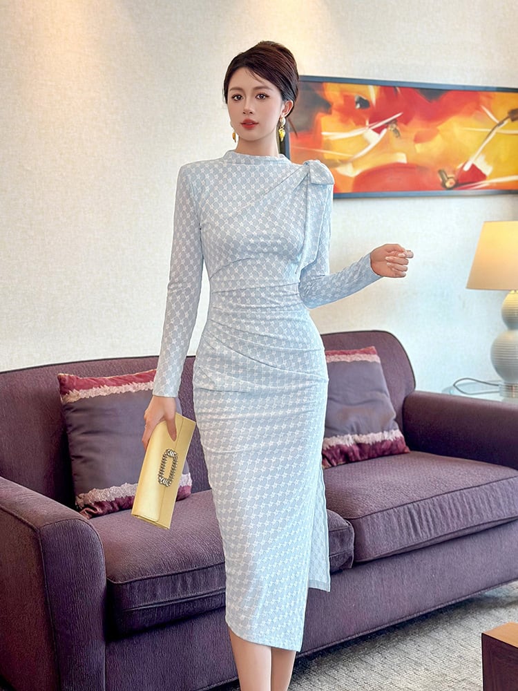 【dress】リボン付きスリット入れニットワンピース Q7186