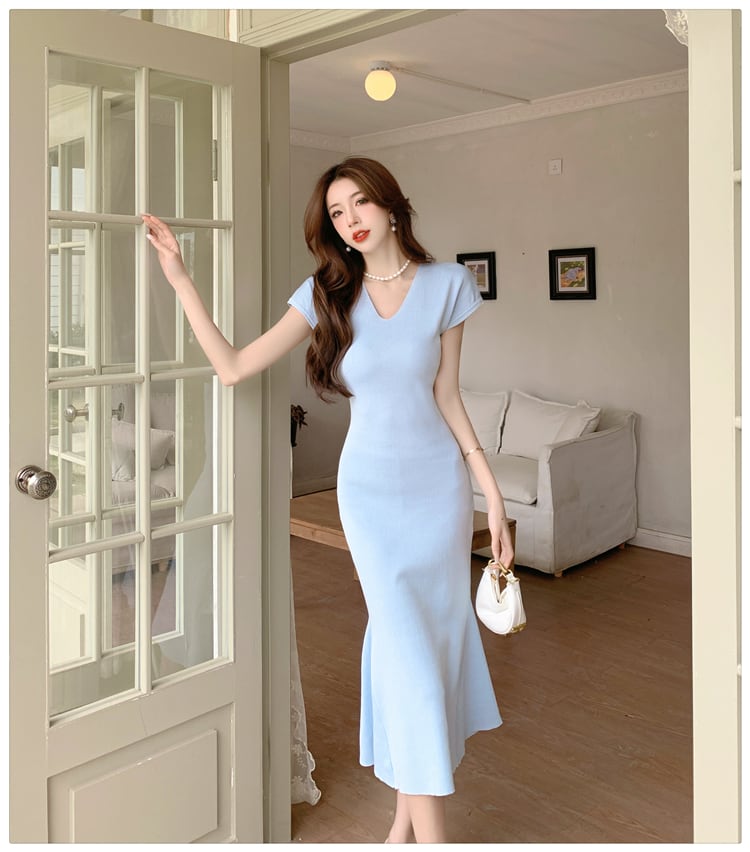 【dress】VネックマーメイドニットワンピースF7441