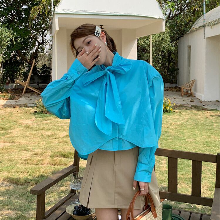 【tops】リボン付きシャツブラウス　M29818