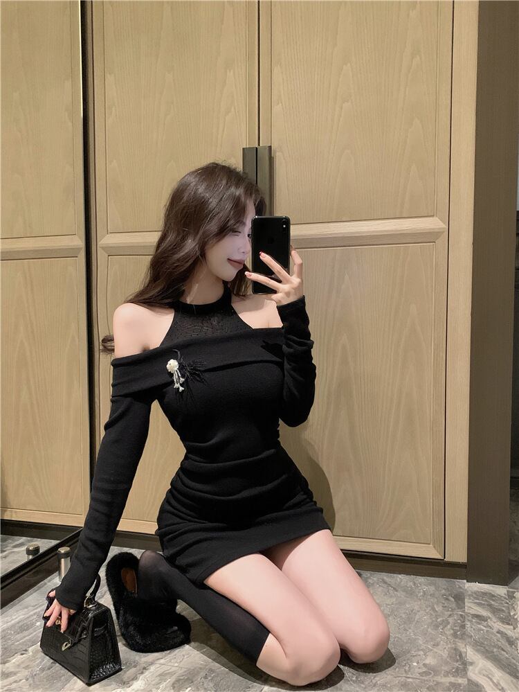 【dress】オフショルダーレースドッキングワンピース　M27996