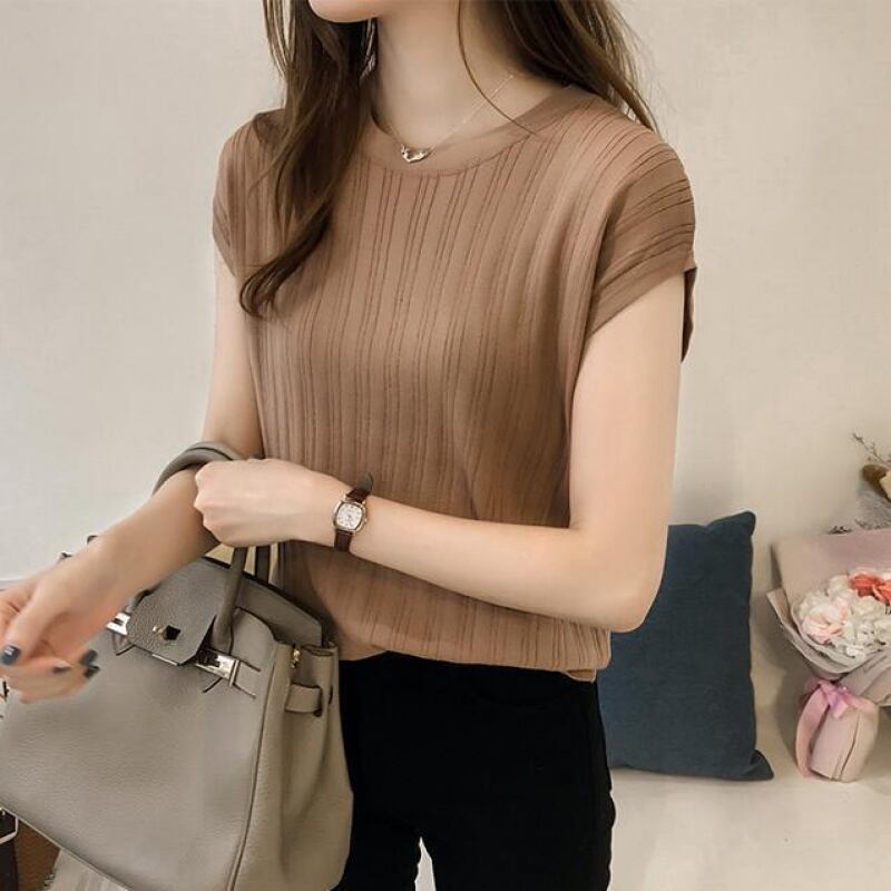 【tops】ファッションラウンドネック半袖ニットゆったり着まわしTシャツ