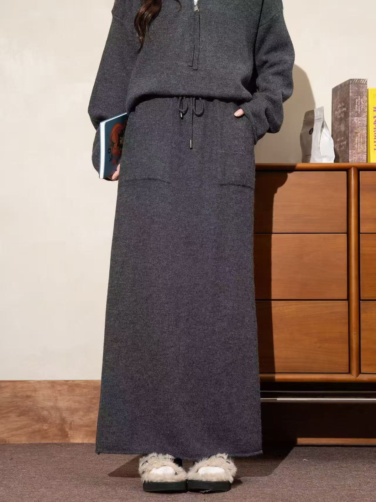 【set】ハイネックニットトップス×ロングスカートセット Q7789