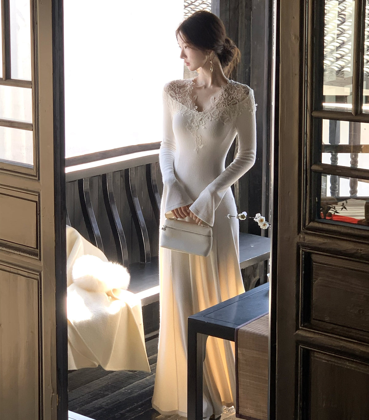 【dress】レーストリミングニットワンピース　N3392