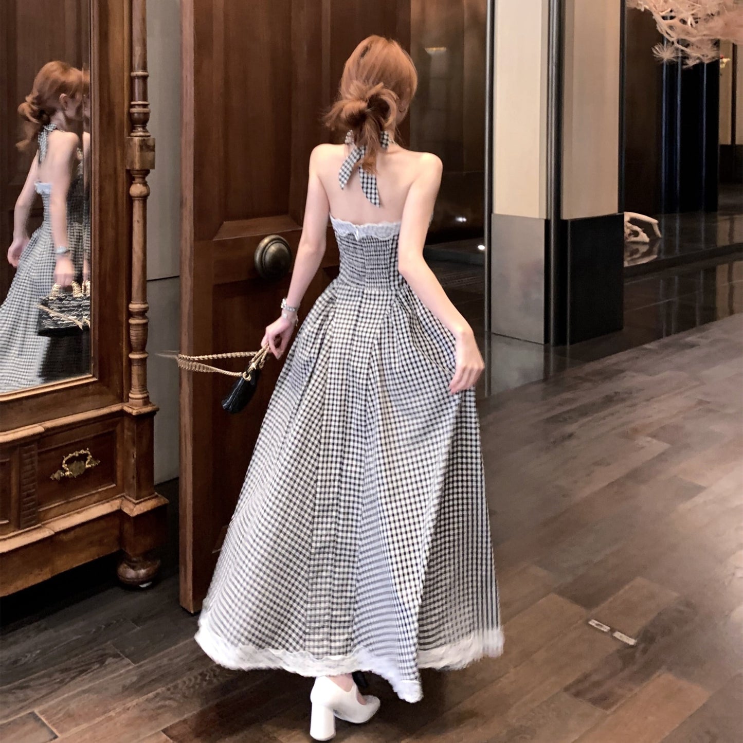 【dress】レース切り替えバックリボンチェック柄ワンピースF7789