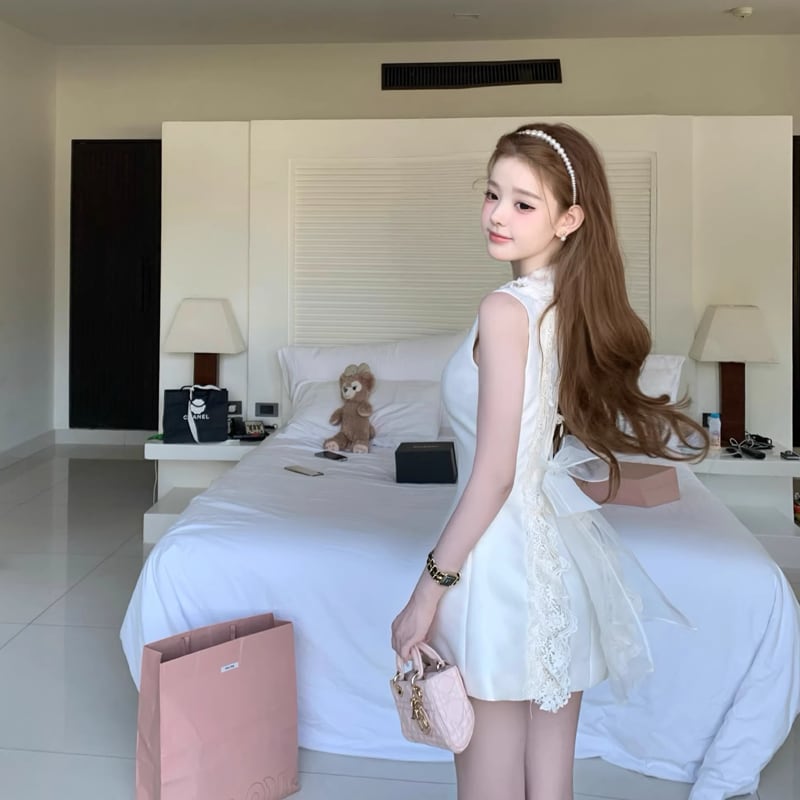 【dress】バックリボンレースドッキングミニワンピース Q8390