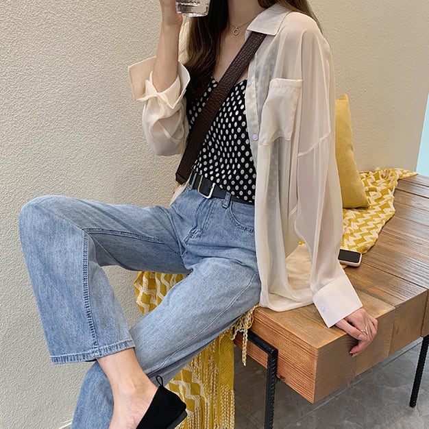 【tops】流行アイテム！折り襟紫外線対策日焼け対策シンプル長袖無地ゆったり着回しシャツF0093