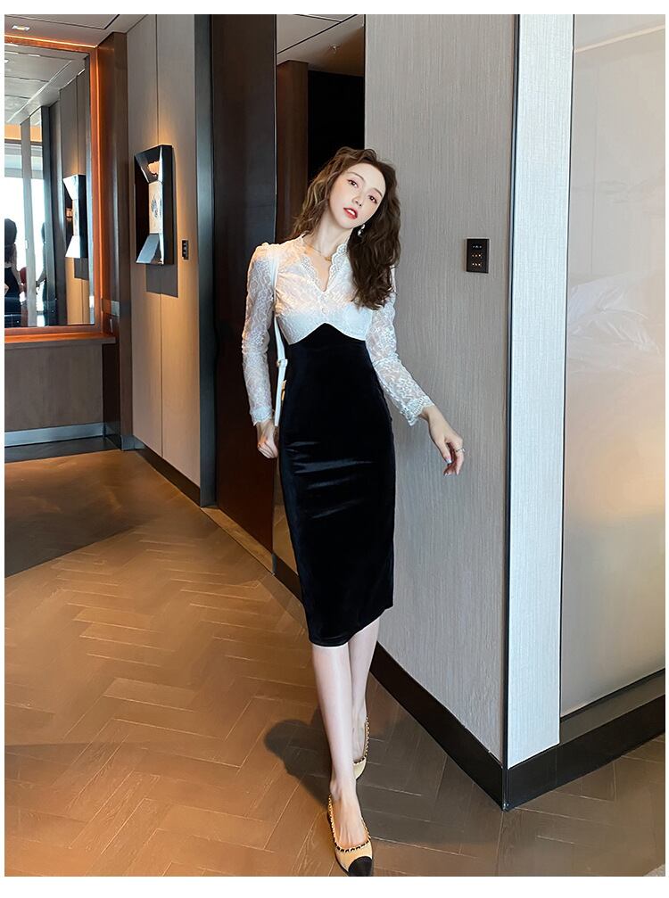 【dress】好感度UP!気質満点レース長袖体型カバー着痩せ偽二つ切り替えワンピース G3253