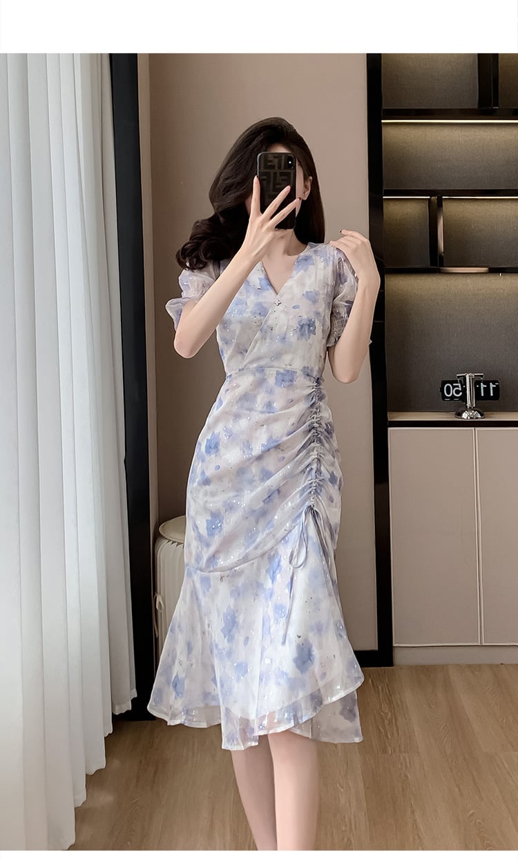 【dress】Vネック半袖マーメイドワンピースF7407