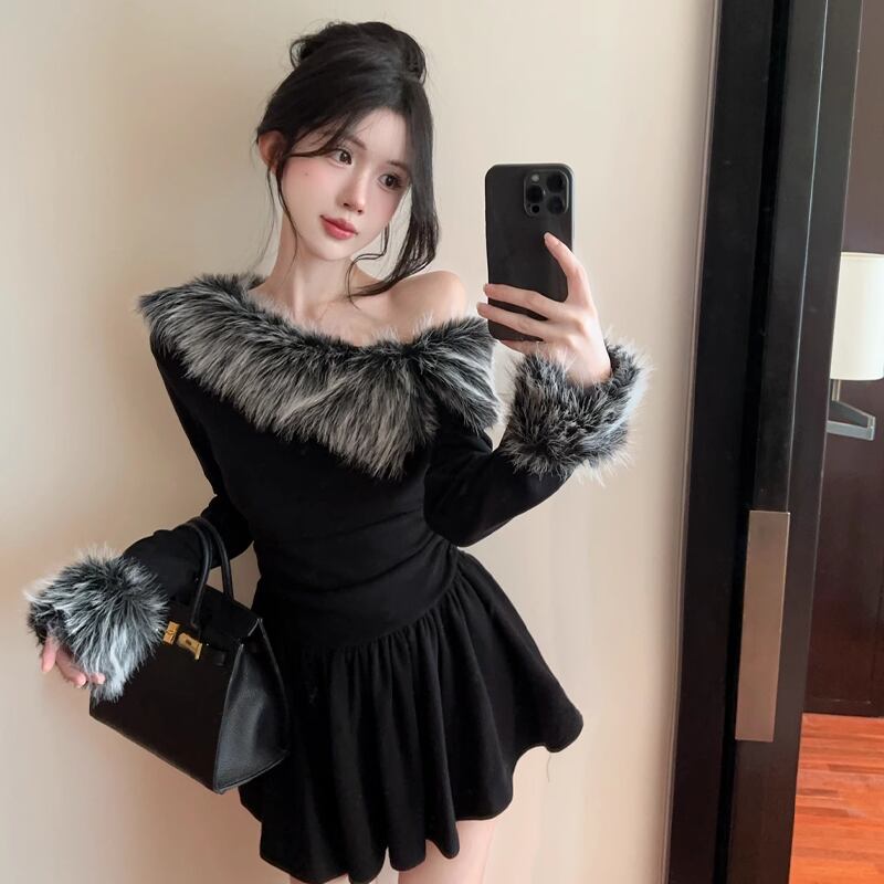 【dress】ファー付きフレアワンピース Q7564