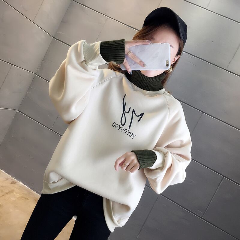 【tops】店長推薦秋冬新作2色ハイネック長袖英字柄配色ゆったり切り替え着回しパーカーF0904