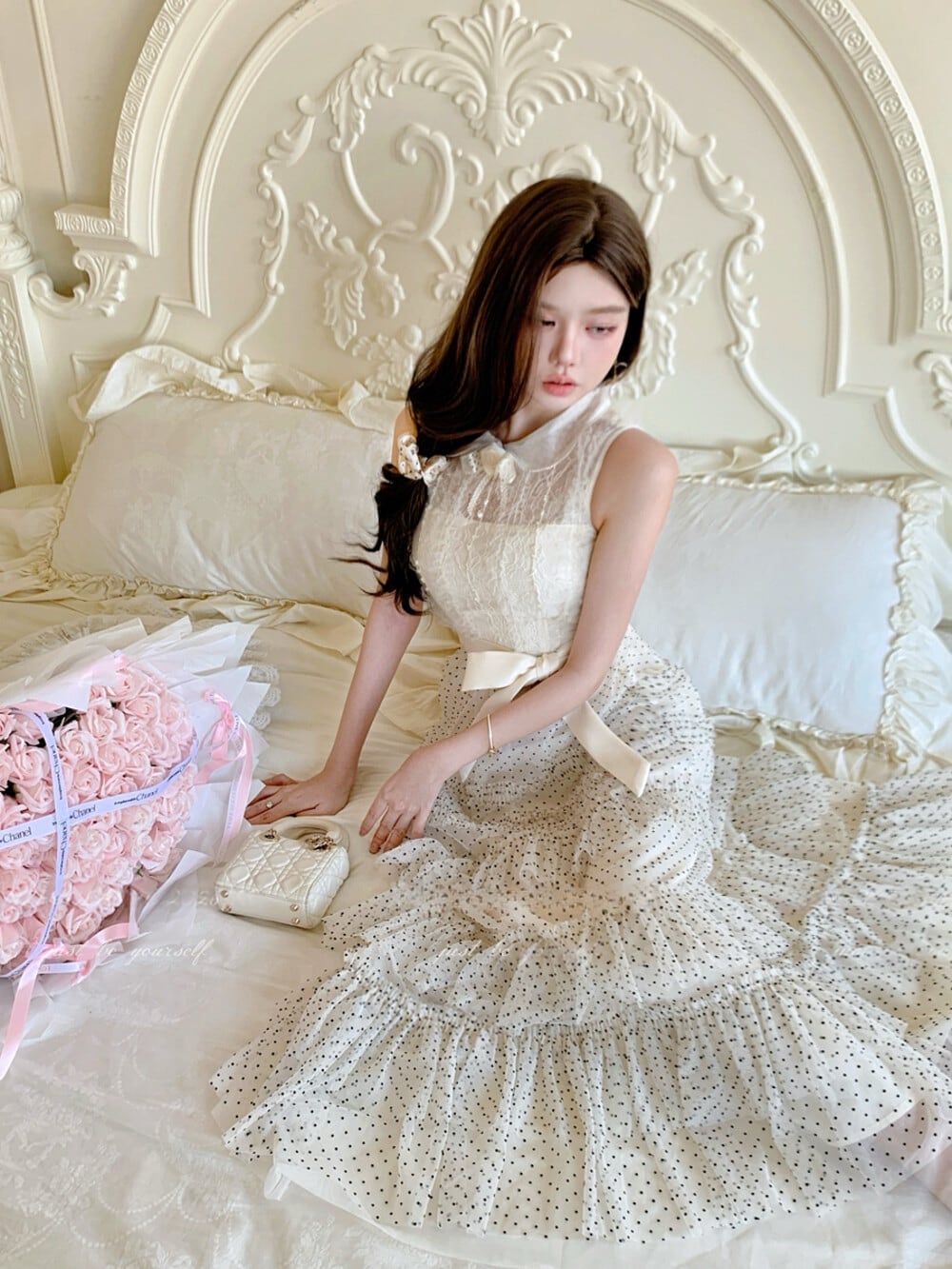 【dress】レースドッキングドットロングワンピース　N3541