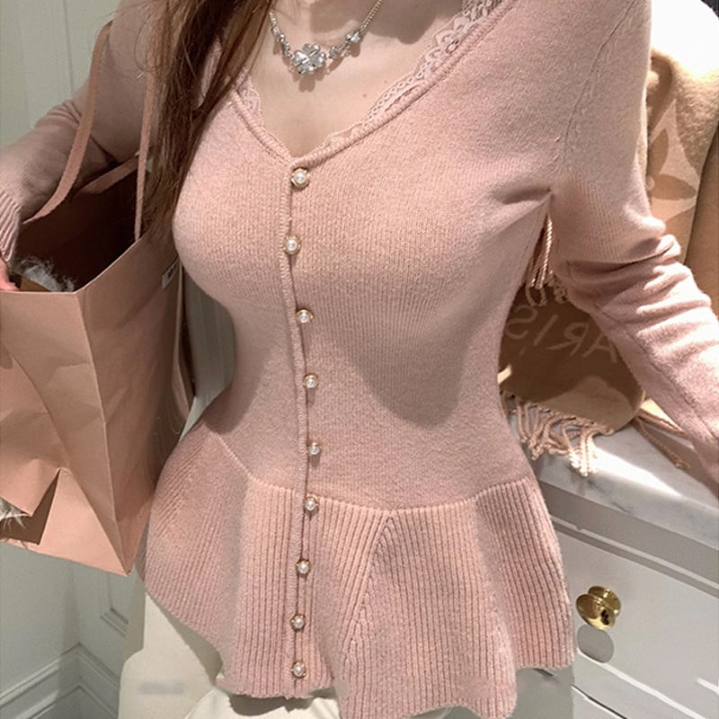 【tops】レースドッキングニットトップス Q7592