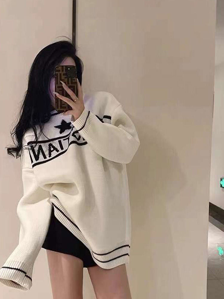 【tops】英字柄長袖ニットセーターF8241