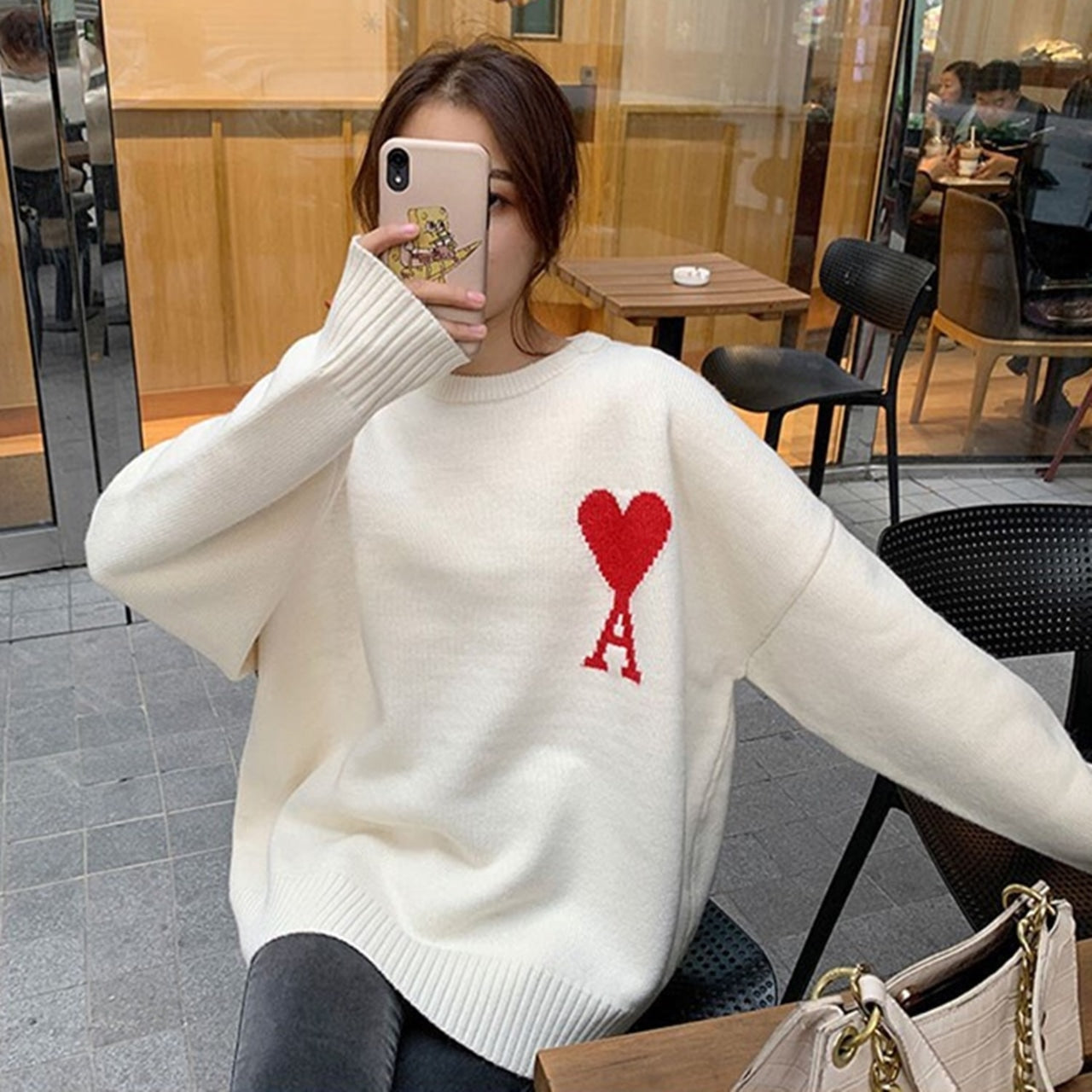 【tops】ラウンドネック長袖ニットセーターF8103