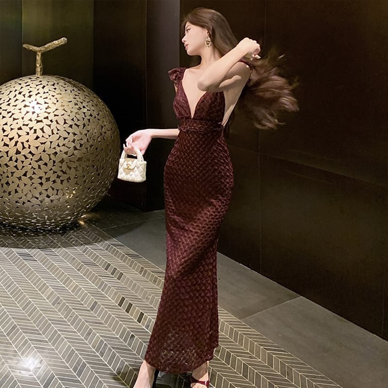 【dress】Vネックストラップバックロングワンピース Q8039