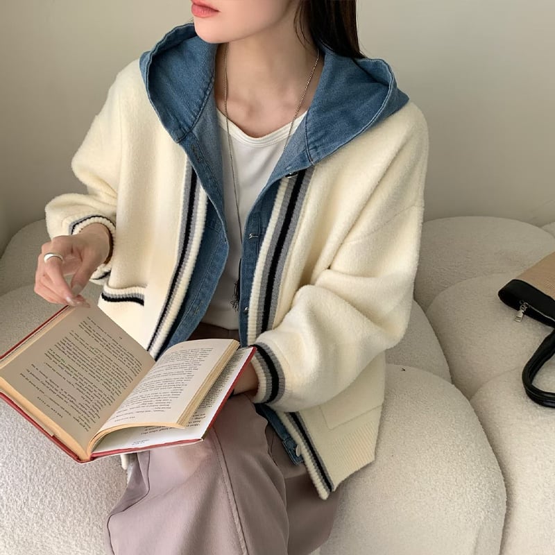 【outer】フェイクレイヤードニットカーディガン Q7204
