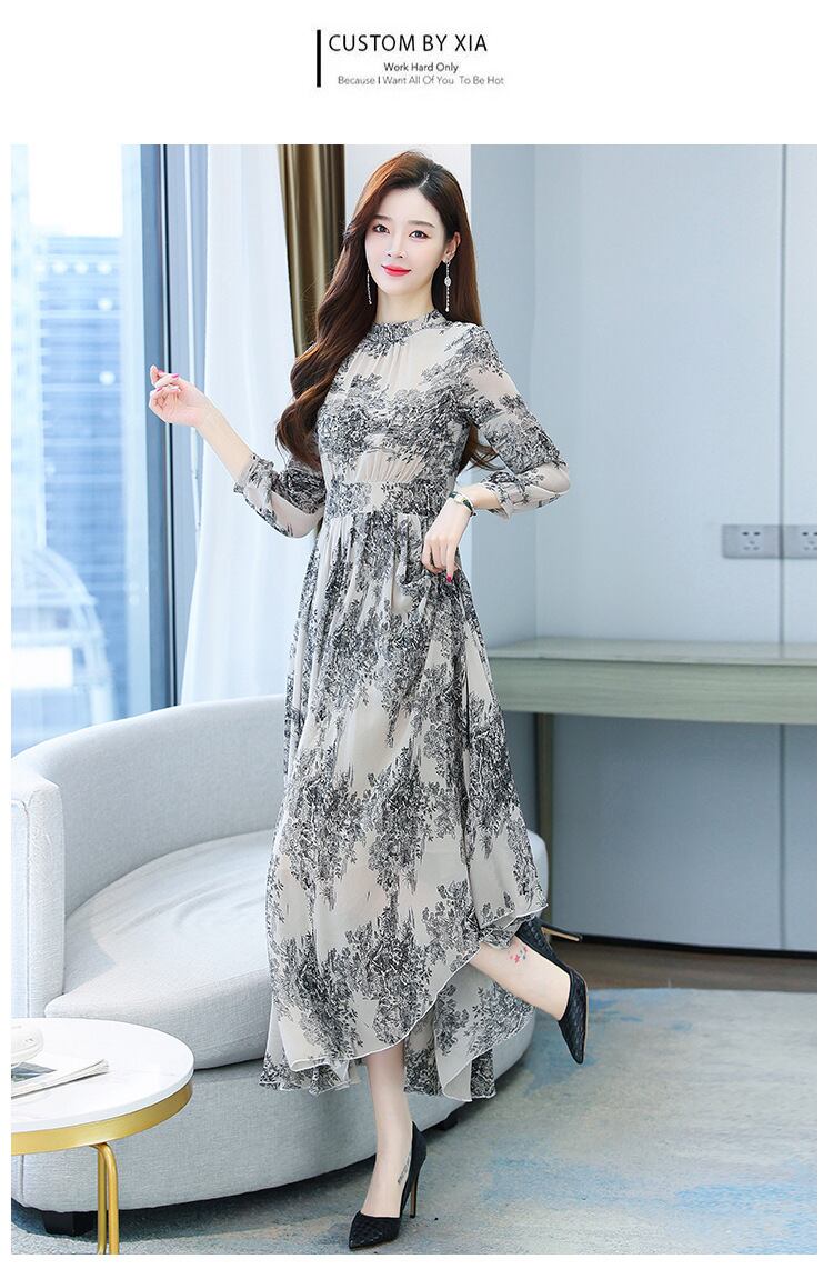 【dress】今季トレンド7分袖ウェスト絞りギャザー海旅行花柄配色大振り子シフォンロング丈ワンピースF1732