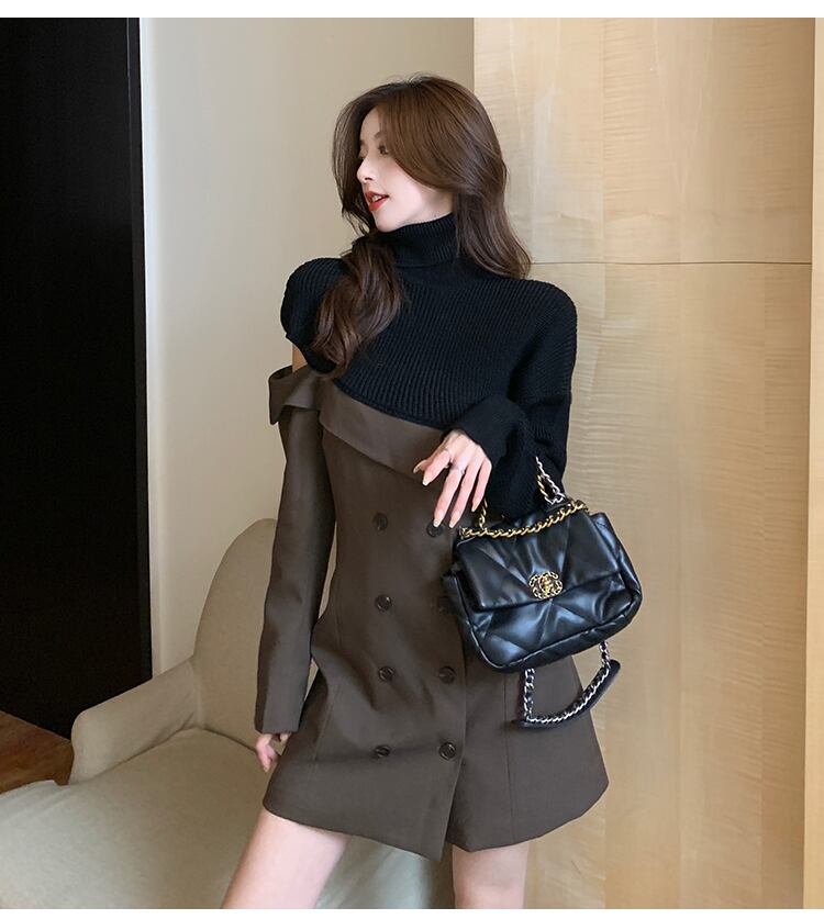 【dress】一目惚れ！ハイネック長袖ニット替え体型カバーファッション配色ワンピースF0972