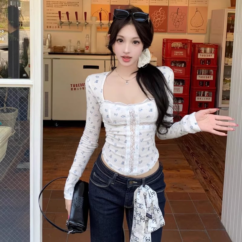 【tops】レースドッキングスクエアネックトップス Q8276