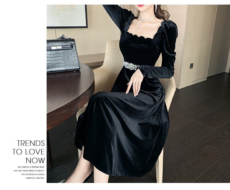 【dress】美人度アップ!気質満点ハイウエスト長袖 スクエアネックワンピース G1418