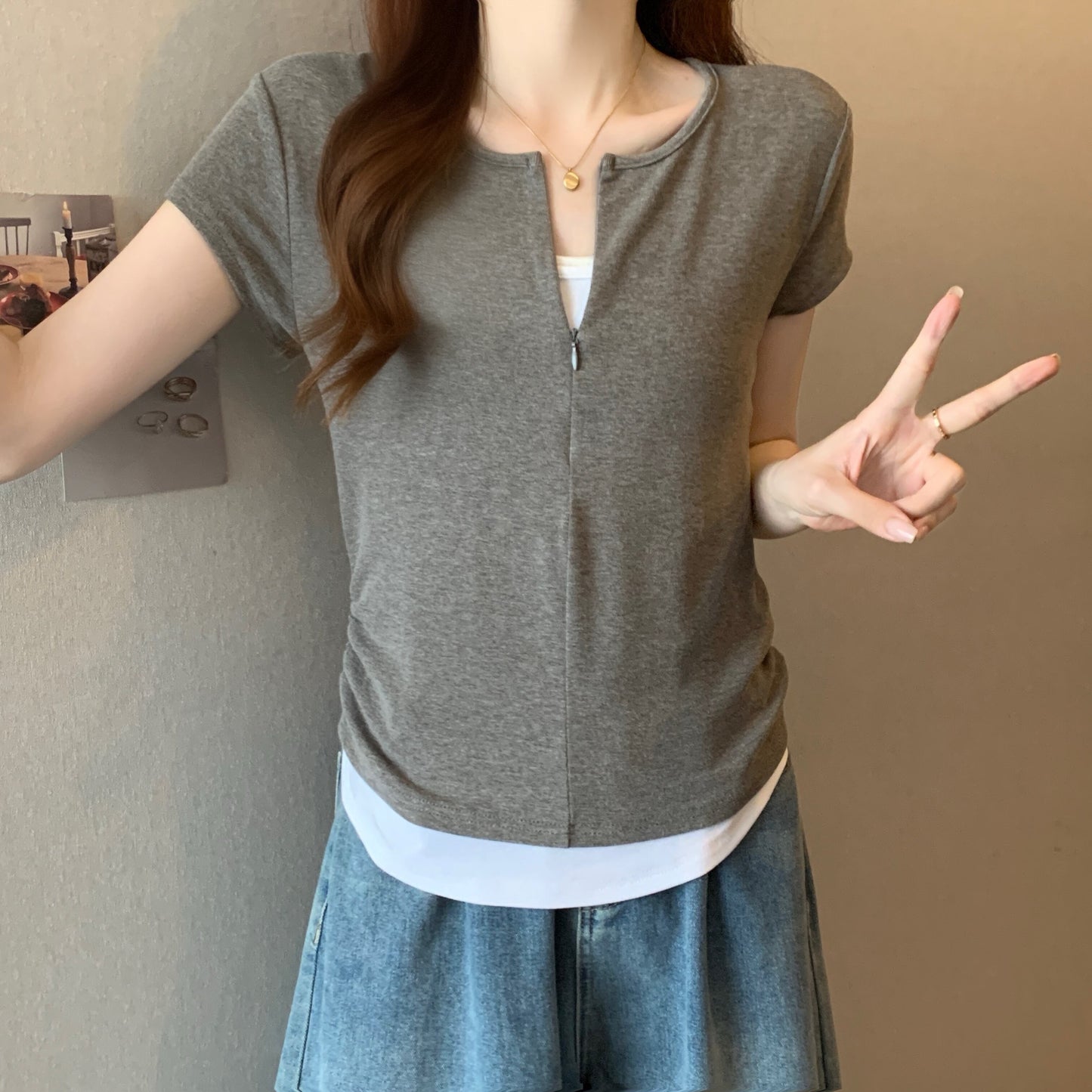 【tops】偽二つ切り替えTシャツG21042