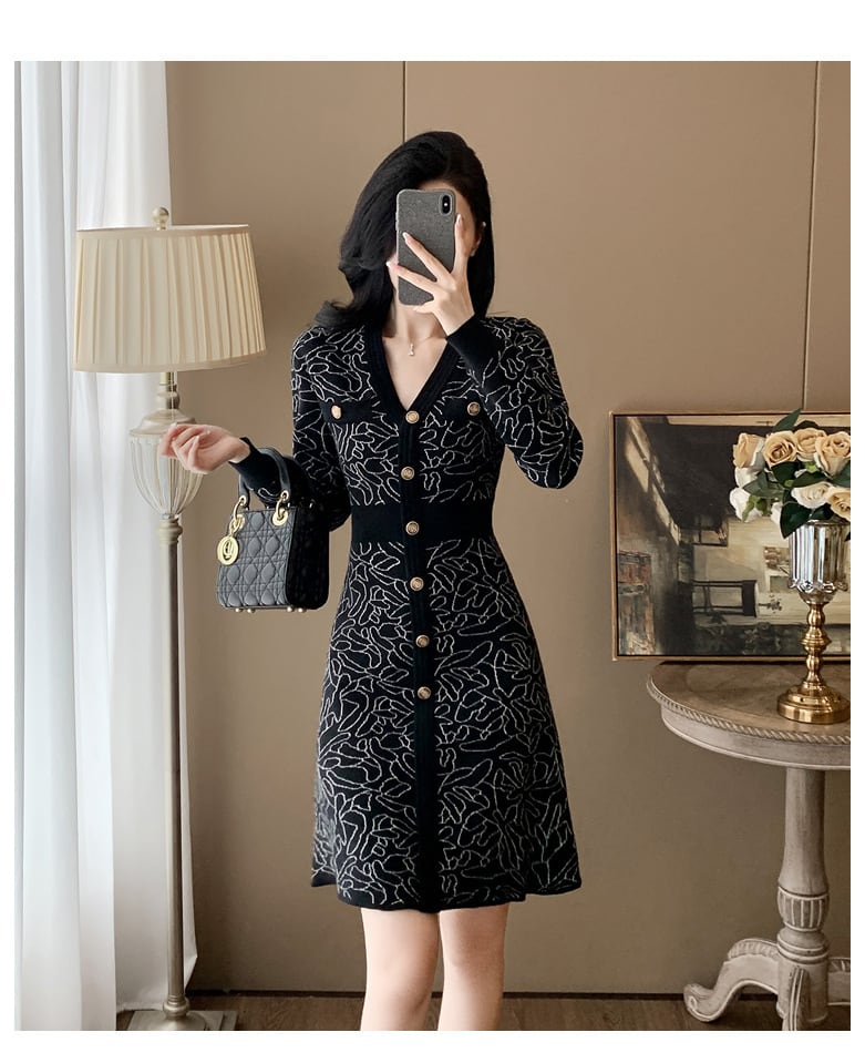 【dress】ジャカードVネックニットワンピース　M27683