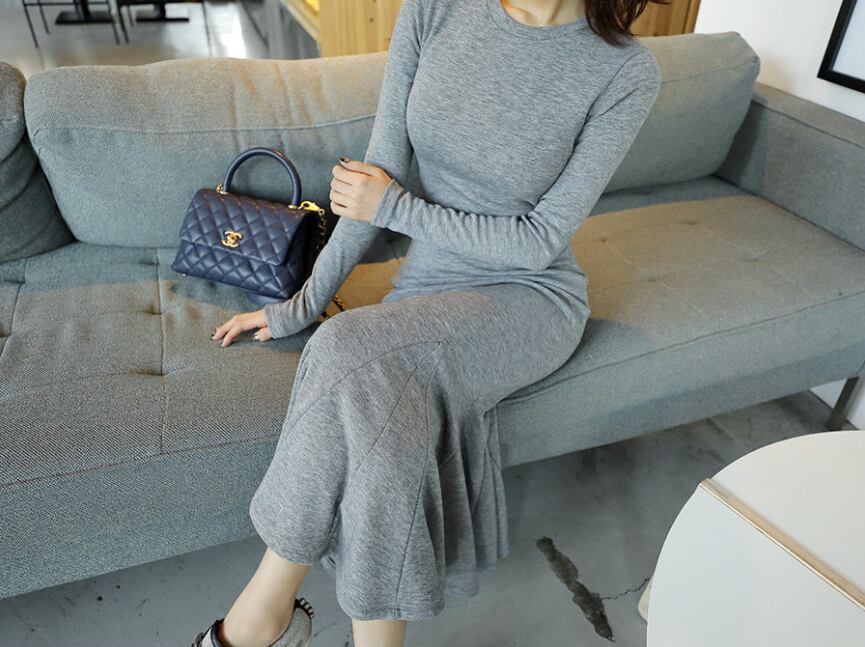 【dress】韓流スタイル気質満点長袖ラウンドネック体型カバーマーメイドワンピース G2416