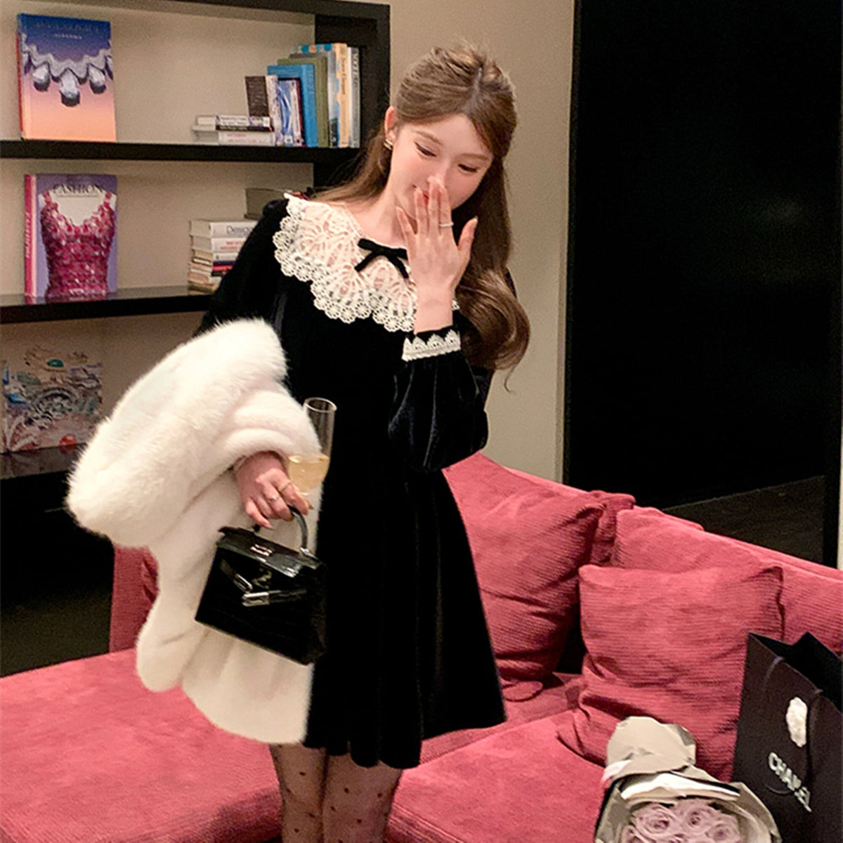 【dress】レースドッキングベロアワンピース　N3415