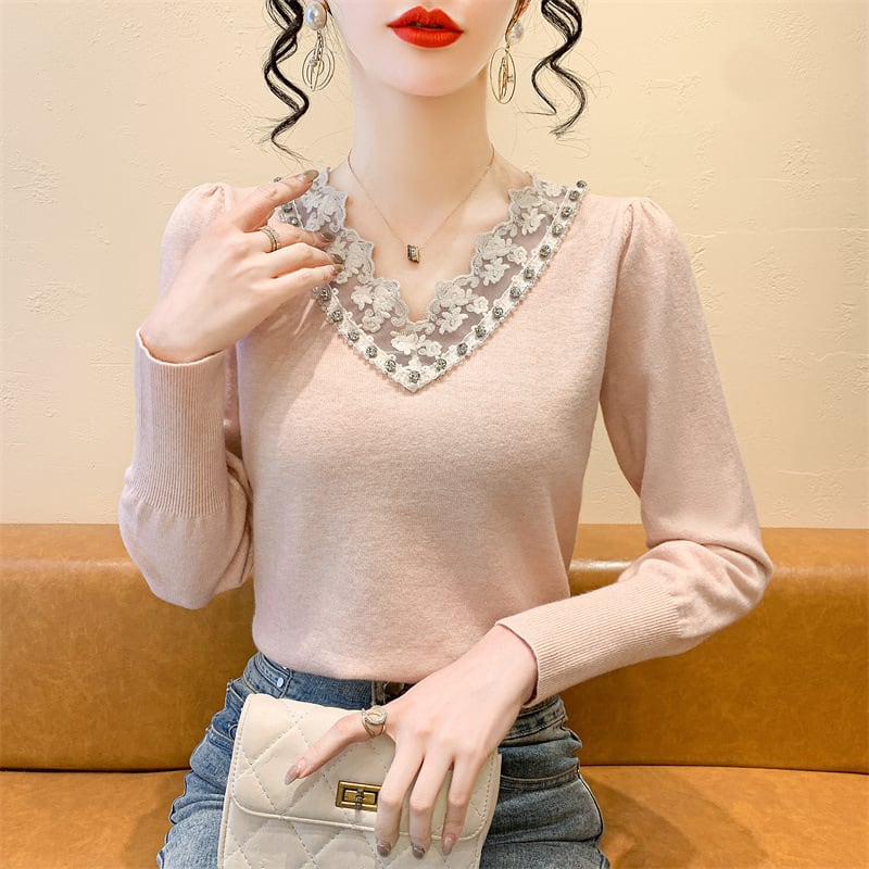【tops】Vネックレース切り替えニットトップス　M28260