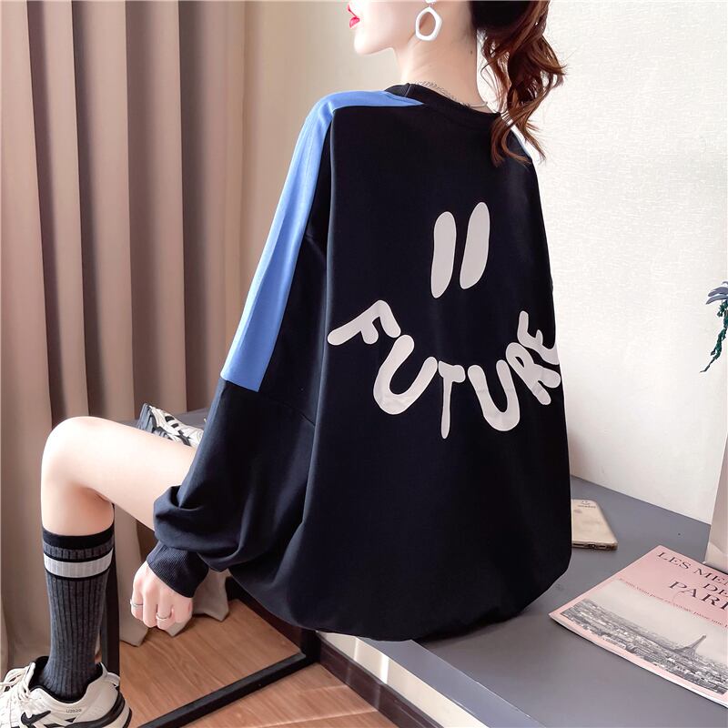 【tops】オシャレ度満点〜ラウンドネック長袖配色英字柄ゆったり着回しパーカーF0677