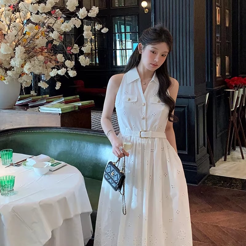 【dress】アイレットレースロングベストワンピース Q8457