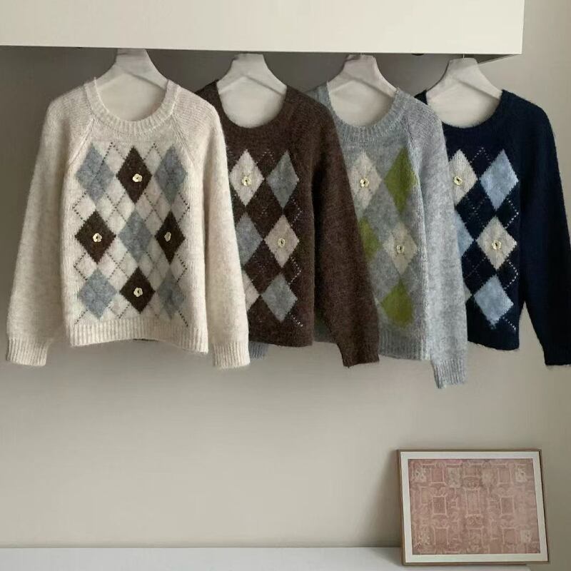 【tops】アーガイルチェックニットトップス Q7145