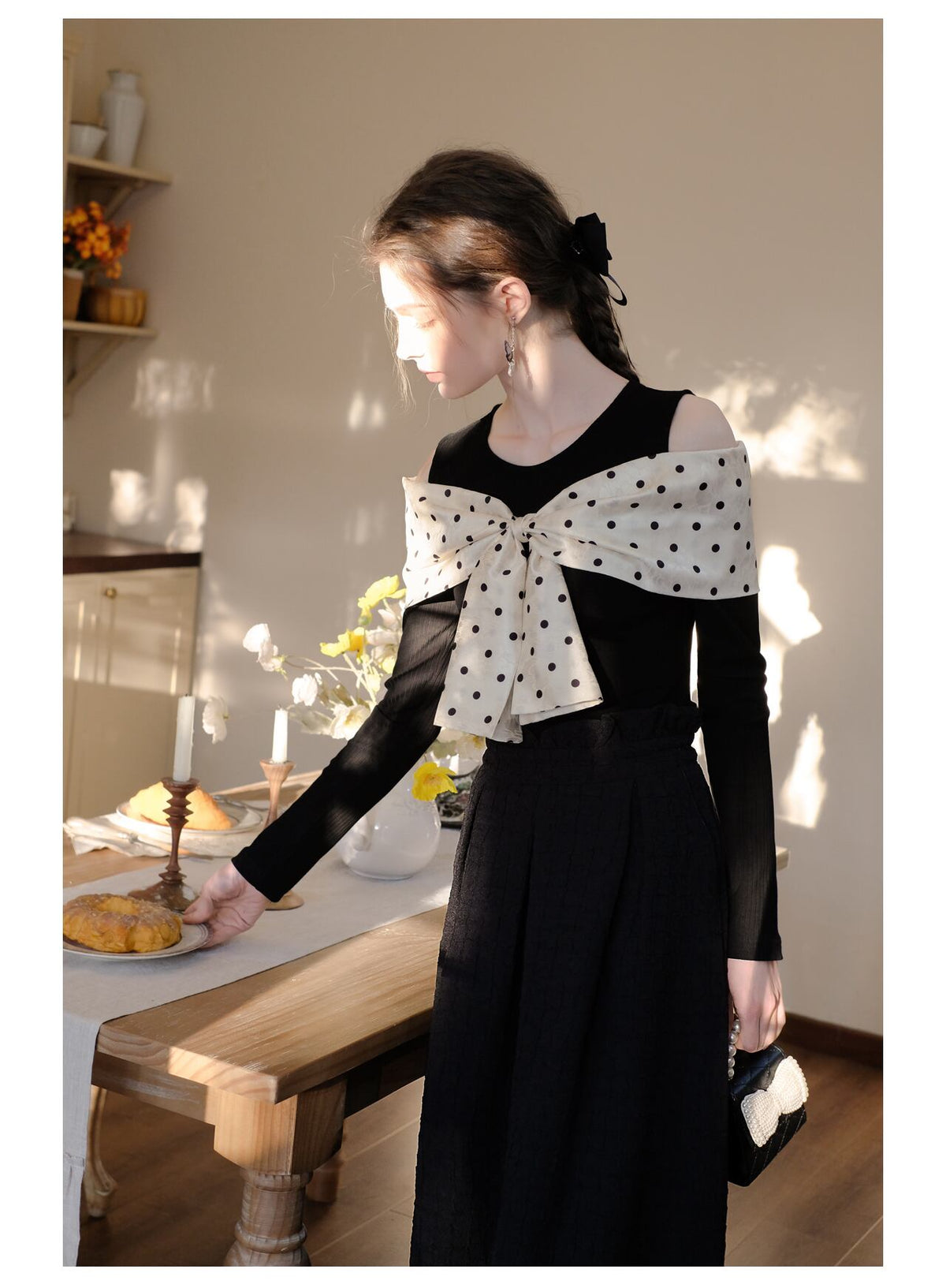 【tops】オフショルダーリボンニットトップス　N2796