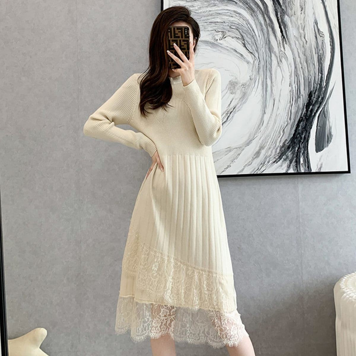【dress】レースドッキングニットワンピース 　N2226