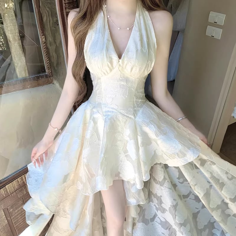 【dress】ホルターネックレースイレヘムワンピース Q8412