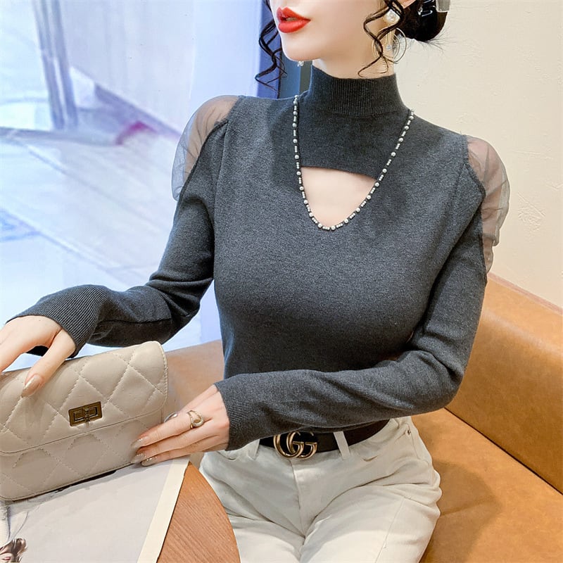 【tops】シースルーショルダーニットトップス　M28082