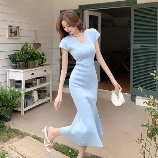 【dress】VネックマーメイドニットワンピースF7441