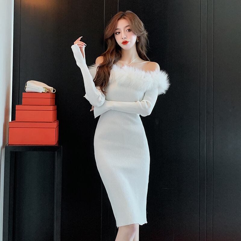 【dress】フェザーオフショルダーニットワンピース　M17993