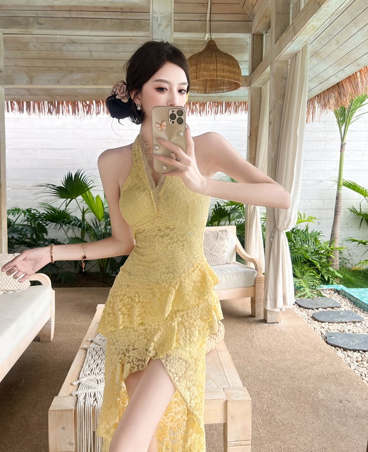 【dress】ホルターネックイレヘムレースワンピース Q8414