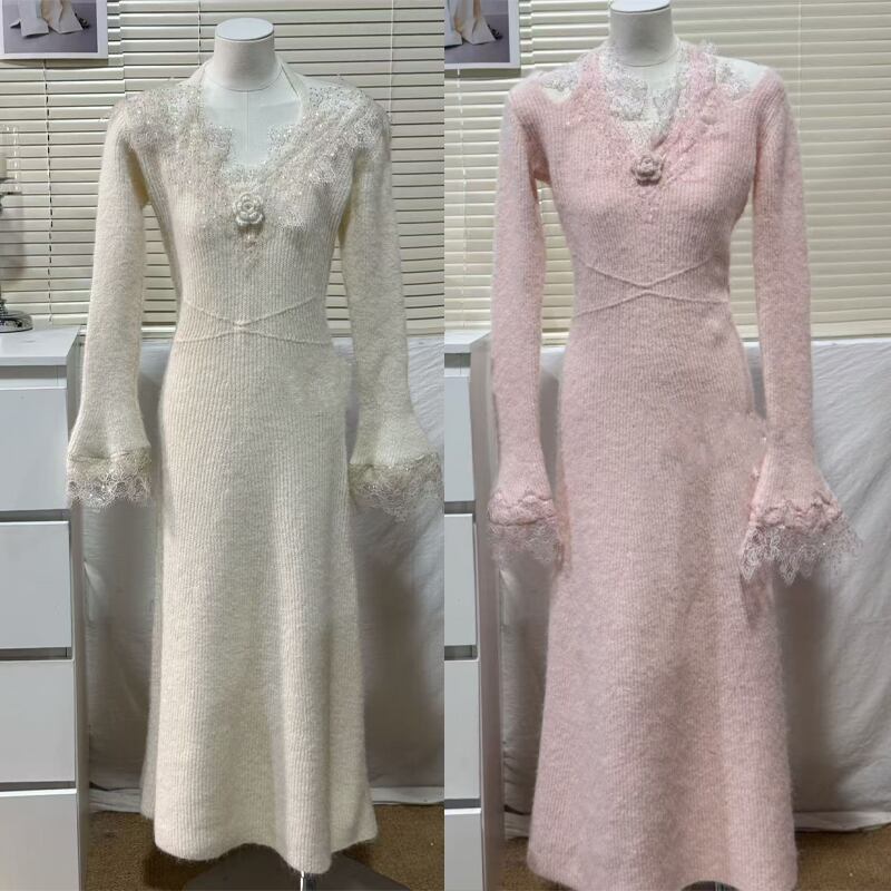 【dress】レースドッキングニットワンピース Q7479